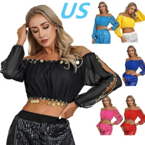 Womens Belly Dance Top Sequins Beads Tassel Off Shoulder Long Sleeve Crop Top - Picture 1 of 92