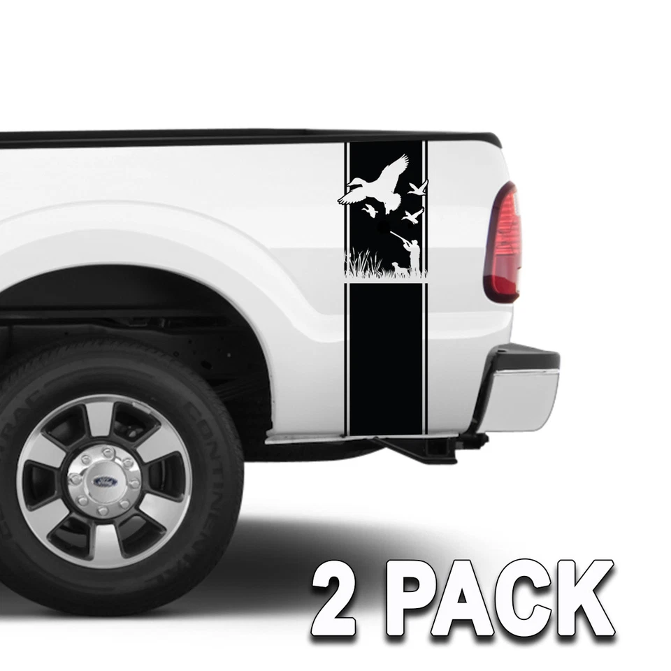 Juego de 2 gráficos de vinilo de caza con imagen de cazador de patos de rayas de camión en cama Foto 1 de 2