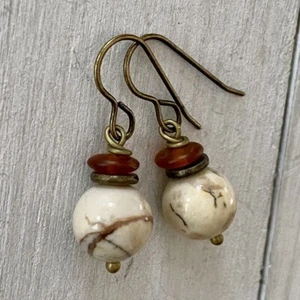 Min Favorit Cream Turquoise Stone & Amber Sea Glass Antique Brass Drop Earrings - Picture 1 of 5
