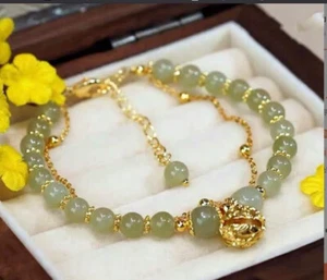 Natural jasper good luck wind chimes 23K 24K THAI BAHT YELLOW GOLD GP Bracelet - Picture 1 of 5