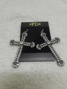 New PD Silver Tone Rhinestone Goth Gothic Punk Emo Cross Earrings - Picture 1 of 5