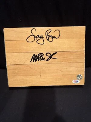 Magic Johnson & Larry Bird Signed 8x10 Lakers Game Used Floor Board PSA/DNA - Image 1 of 4