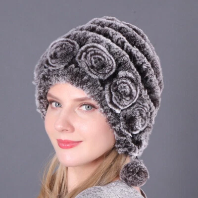 Sombrero de piel de conejo Real Rex para mujer otoño invierno cálido tejido gorra de protección para las orejas Foto 1 de 4