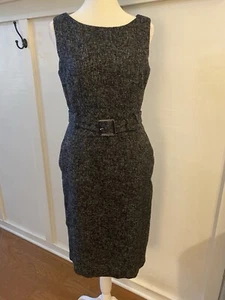 Banana Republic Dress SZ 4 Wool Blend Belt Sleeveless Sheath Dress Black Tweed - Picture 1 of 11