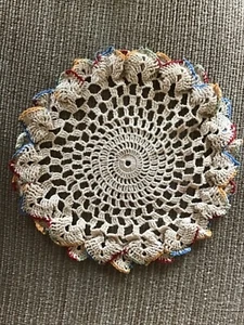 VINTAGE CROCHET Double Multi Colored edge 9” Round Cotton Doily - Picture 1 of 2