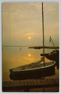 Postcard Greetings From The Delaware Coast DE Quiet Harbor At Sunset Sail Boat - Picture 1 of 2
