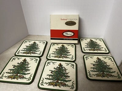 Vtg  Pimpernel Spode Christmas Tree Coasters 4” Cork Back Set Of 6 Original Box - Image 1 of 4