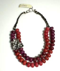 $98 FOSSIL Collar Doble Fila Flores Tono Plata Cuentas Multicolor Nuevo con Etiquetas - Imagen 1 de 7