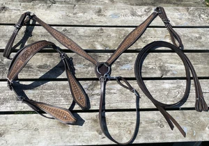 Two-tone brn basket tooled Western headstall/breastcollar set w/copper rosettes - Picture 1 of 3