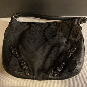 Juicy Couture Leather Trim Reversed Satin Logo Fabric Shoulder Hobo Bag Vtg READ - Picture 1 of 13