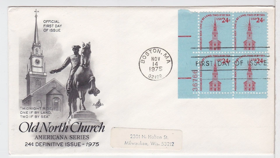 TurtlesTradingPost- Old North Church  1975 FDC #1603- Artcraft Plate Block - Image 1 of 1