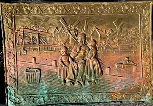 Antique Embossed Copper Wall Art -Dutch Village Scene w/Windmills Salvaged Panel - Bild 1 von 13