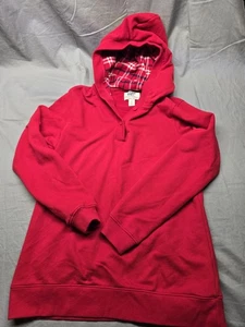 Lands’ End Serious Sweats Kids Hoodie Red Plaid-Lined Pullover Sz M 10-12 - Picture 1 of 8
