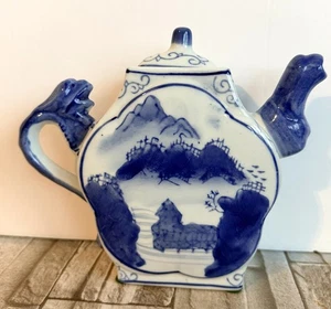 Rare Blue White Porcelain 6" Teapot DRAGON HEAD SPOUT HANDLE Mountains Vintage - Picture 1 of 3
