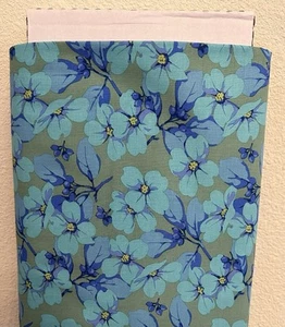 MARTHA NEGLEY NATION OF FLOWERS AQUA DOGWOOD FLORAL COTTON FABRIC HALF YARD - Picture 1 of 4