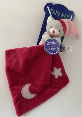 🌟Doudou BABY NAT' Babynat chat Rose Fushia luminescent étoile Plat Mouchoir - Photo 1/2