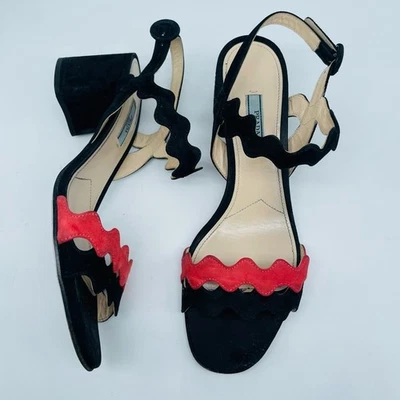 Prada Black Coral Red wavy strap block heel ankle strap open toe sandals EU39 - Image 1 of 4