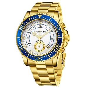 Stuhrling Men's Chronograph Diver 10 ATM White Dial Gold Bracelet Sport Watch - Picture 1 of 4