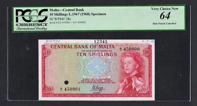 Malta  10 Shillings 1967(ND 1968) P28s Specimen Uncirculated Grade 64 - Image 1 of 2