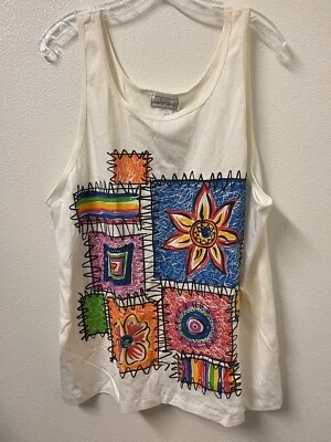 NUEVO CON ETIQUETAS CAMISETA SIN MANGAS VINTAGE AÑOS 80 JACQUES MORET DOBLE ESTAMPADO DE BLOQUES ÉTNICOS OS Foto 1 de 4