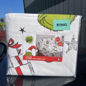 The Grinch Dr Seuss and Max 4 Piece Flannel Christmas Holiday King Sheet Set NWT - Picture 1 of 3