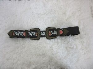 Western Belt Double Dual Brass Buckle Floral Embroidery Statement Boho