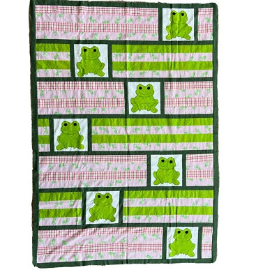 Edredón de bebé hecho a mano con apliques de ranas rosa y verde lima 43x61 sin terminar Foto 1 de 4