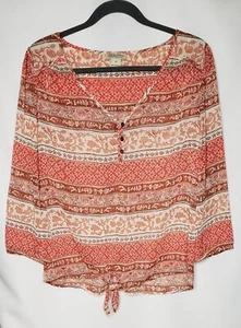 Lucky Brand Orange Floral Live in Love Tie In Front Size Medium Blouse - Picture 1 of 9