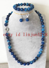 Natural 10mm Blue Stripe Agate Round Gemstone Necklace Bracelet Earrings Set