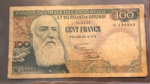 1955 Belgian Congo Ruanda-Urundi Central Bank 100 Francs “Scarce”Banknote P# 33a - Picture 1 of 2