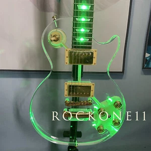 Green LED Light LP Electric Guitar HH Pickups Maple Neck Acrylic Body In Stock - Picture 1 of 7