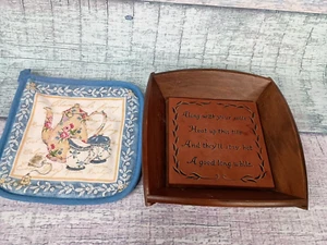 Vintage Square Wood Bread Tray/Box Country Rustic Style & A Warming Tile - Picture 1 of 20