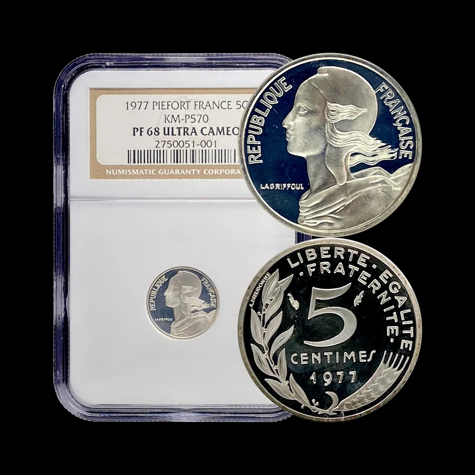 FRANCIA. 1977, 5 céntimos, plata - NGC PF68 - Top Pop 🥇RARO Piéfort (Piedfort) Foto 1 de 4