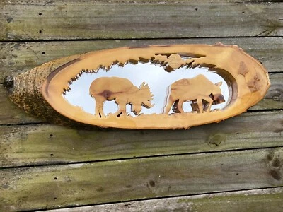 Live Edge Slab Wood Moose Rustic Hunting Lodge Cabin Mirror 26" - Image 1 of 4