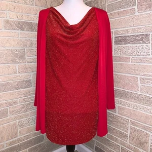 Jacklyn Smith Women's Red Layered Look Shimmer Blouse Cowl Neck 3/4 Sleeves XL - Picture 1 of 7