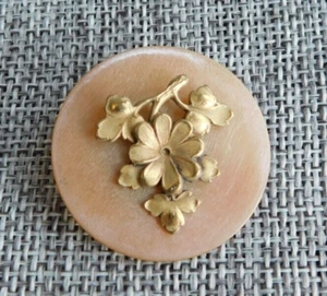 Antique Vtg Pressed Horn Button w/ Metal Flowers Aprx: 1-1/4" #315-B - Picture 1 of 5