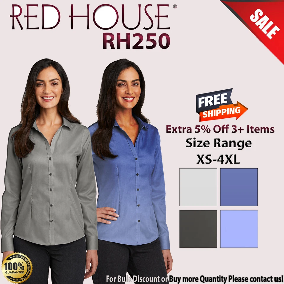 Red House RH250 Womens Long Sleeve Open Collar Pinpoint Oxford Non Iron Shirt - Image 1 of 1