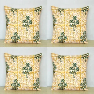 Green & Yellow 4 Pcs Set Indian Hand Block 16" Cotton Pillow Case Cushion Covers - Picture 1 of 5