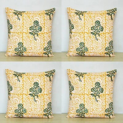 Juego de 4 fundas de cojín funda de almohada de algodón de 16" con bloque de mano indio verde y amarillo Foto 1 de 4