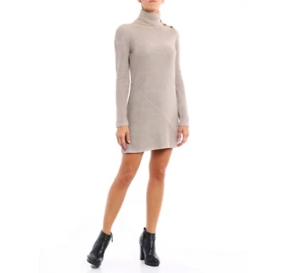 Mini Vestido Túnica Tory Burch Brodie Suéter Cuello Alto Beige Tejido Botones Dorados S Foto 1 de 4