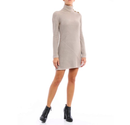 Tory Burch Brodie tunica mini abito maglione girocollo beige maglia bottoni oro S