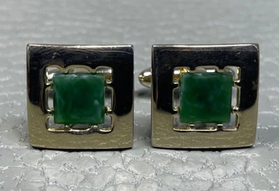 Gemelos chapados en oro amarillo con marco liso de jade vintage Foto 1 de 2
