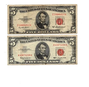 US $5.00 Pair (Red Seal) U.S. Notes - 1953 & 1953 - Circulated - Picture 1 of 2
