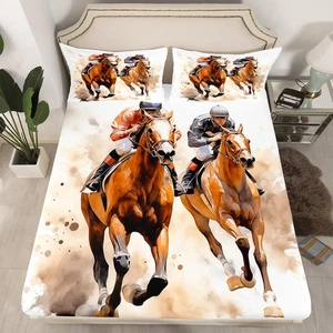 Galloping Horse Bed Sheets for Kids Boys Girls Horse Racing Twin Fitted Sheet... - Picture 1 of 5