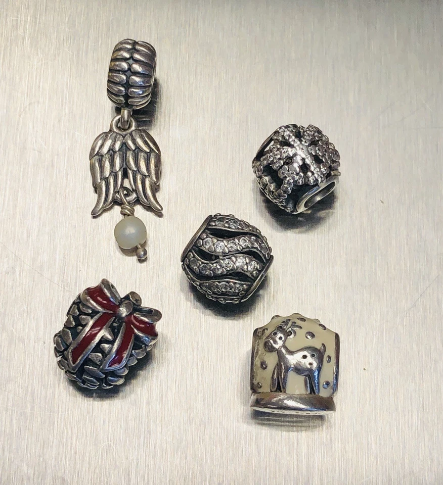 Lot of 5 PANDORA Charms Snowflake Reindeer Pinecone Angel wing Pandora bead 16.6 - Image 1 of 4
