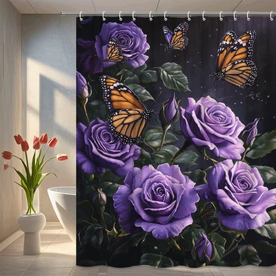 Purple Rose Butterfly Shower Curtain Floral Monarch Art Bathroom Decor - Image 1 of 4