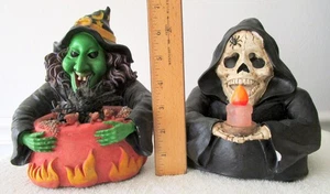 VTG SPOOKY HOLLOW WITCH & SKELETON~LIGHT UP & SPEAK~RESIN~2003~WORK GREAT! - Picture 1 of 12