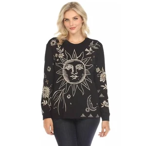 Johnny Was Torine Long Tee Embroidered Cotton Sun Floral Shirt Black Top NEW - Picture 1 of 8