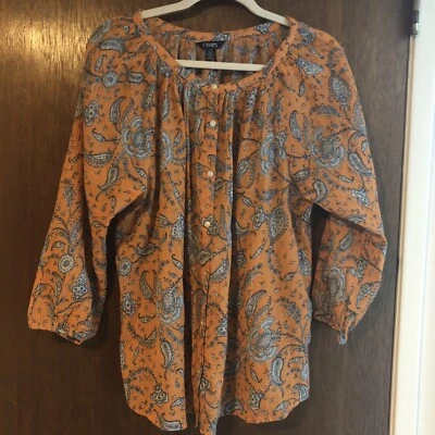 Chaps Mujer Grande Botón Abajo Blusa Algodón Amarillo con Azul Paisley Gasa Fina  Foto 1 de 4