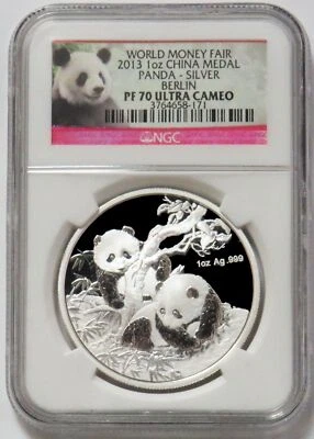 2013 SILVER CHINA WORLD MONEY FAIR BERLIN PROOF PANDA MEDAL NGC PF 70 UC - Image 1 of 2